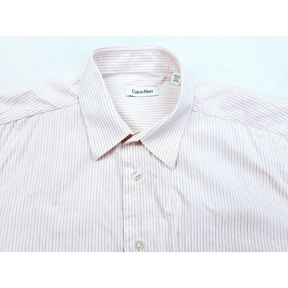 Calvin Klein Size 16.5 32/33 Men's Pink White Stripe Long Sleeve Pocket Cotton - Picture 1 of 11